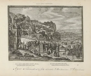 Landschap met de verdrijving van Hagar en Ismaël av Abraham Adopterte sønner av lucus (tittel på objekt) De hellige emblemene og hovedhistoriene til begge testamentene (Oude Testamentet) (serietittel) Bilder og figurer av bøker (serietittel)
