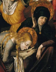 Nedstigning fra korset (Deposizione), detalj av Maria Magdalena som omfavner Kristi føtter, tidlig på 1500-tallet (tempera på panel)