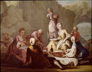 Bankettscene i Posillipo (Pausilippe), Napoli. Detalj av aristokrater på piknik - Bankett i Posillipo - Detalj av aristokrater - 18. århundre, Museo Nazionale di San Martino, Napoli