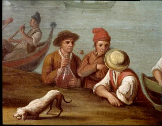 Bankettscene i Posillipo (Pausilippe), Napoli, detalj med fiskere - Bankett i Posillipo - detalj med fiskere. Pietro Fabris. 18. århundre. Museo Nazionale di San Martino, Napoli