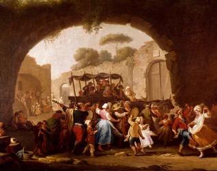Dansescene og folkefest i Napoli, detalj. Tarantelladansere (tarantella, tarantella). Pietro Fabris (aktiv mellom 1763 og 1776), 18. århundre, Napoli, Museo Nazionale di San Martino