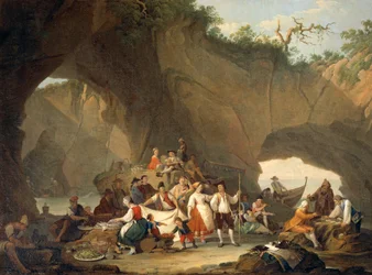 Vanlige mennesker spiser lunsj foran grotten, av Pietro Fabris