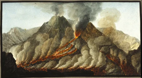 Vesuv i utbrudd. Denne gouache ble utført av Pierre Fabris, på forespørsel fra Sir William Hamilton, engelsk ambassadør i Napoli.Bibl. Braidense, Milano.