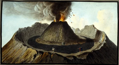 Vesuv i utbrudd. Denne gouache ble utført av Pierre Fabris, på forespørsel fra Sir William Hamilton, engelsk ambassadør i Napoli.Bibl. Braidense, Milano.