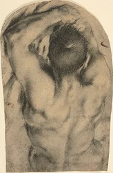 Halvlang liggende mannlig nakenfigur sett bakfra, ca. 1590 (kull, innslag av oljemaling og spor av blyhvitt på papir)