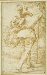 St. Christopher ferger Kristusbarnet (penn og brunt blekk på hvitt papir)