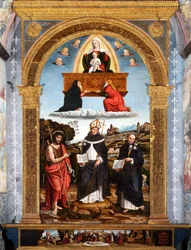 Odigitria Madonna med de hellige døperen Johannes, Antoninus av Firenze og Nicola da Tolentino, signert og datert