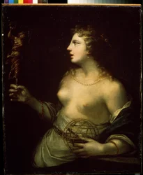 ""Urania"" (Urania) representasjon av den beskyttende musen for astronomi og astrologi, som holder en hånd på en kule. Maleri av Pietro Liberi (1614-1687) Mikhail Kroshitsky kunstmuseum fra 1600-tallet, Sevastopol (Sevastopol) Ukraina