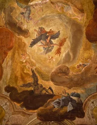 Italia, Venezia, Grand Staircase i Palazzo Sagredo, gigantenes fall, freskomaleri av Pietro Longhi