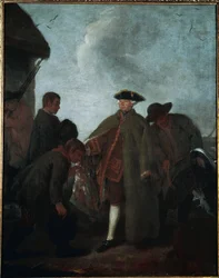 Jakten i dalen: mesterens ankomst (La caccia in valle: Arrio del padrone) - Maleri av Pietro Longhi (1702-1785), olje på lerret, 62x50 cm