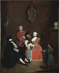 Det maskerte besøket: Figuren Vetu i Bauta-masken i den venetianske drakten består av den svarte kappen, den svarte trekanthatten og den hvite masken - Besøk i Bauta-maske. Maleri av Pietro Longhi (1702-1785), ca. 1760. Mål 62 x 50 cm. Venezia, Ca