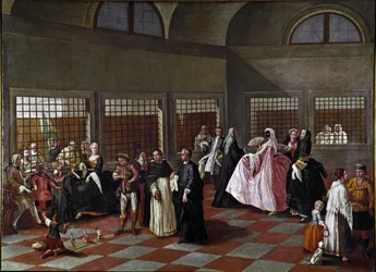 Klosterets salong. Maleri fra kretsen rundt Pietro Longhi (1702-1785), 1750, mål 96 x 131 cm, Ca