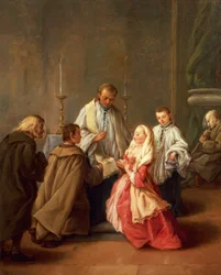 De syv sakramentene: Ekteskap av Pietro Longhi (1701-1785), olje på lerret, 61x50 cm, før 1755-57