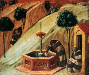 Karmelitt henter vann fra kilden til profeten Elijah, detalj fra tårnet til Carmine-altertavlen av Pietro Lorenzetti (ca. 1280-1348), tempera og gull på trepanel
