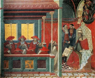 Honorius III godkjenner karmelitt-regelen, detalj fra predella av altertavle for Carmine, av Pietro Lorenzetti (ca. 1280-1348), tempera og gull på trepanel