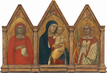 Madonna og barnet med Kristi velsignelse, og de hellige Maria Magdalena og Katarina av Alexandria med engler [hele triptyken]