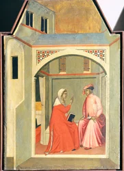 Rosana skiller seg fra ektemannen Ugolotto for å leve hellig, flis fra altertavlen til den velsignede ydmykhet, av Pietro Lorenzetti (ca 1280-1348), tempera og gull på trepanel.