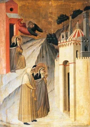 Saint John beordrer de velsignede til å bygge et kloster i Firenze, flis på altertavle av den velsignede ydmykhet, av Pietro Lorenzetti (ca 1280-1348), tempera og gull på trepanel.