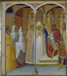 StSabina av Spolete før guvernøren i Toscana Venustiano (tempera og bladgull på tre