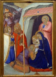 Tilbedelsen av Detrempe Magi på tre av Pietro Lorenzetti (1280-1348)