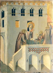Den velsignede helbreder foten til en munk fra Vallombrosa Abbey, flis fra altertavlen til den velsignede ydmykhet, av Pietro Lorenzetti (ca 1280-1348), tempera og gull på trepanel.