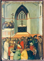Den oppgravde kroppen til den velsignede er funnet intakt og frisk, flis på altertavle av den velsignede ydmykhet, av Pietro Lorenzetti (ca 1280-1348), tempera og gull på trepanel.