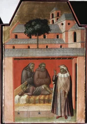 Helgenen bringer murstein for å bygge et nytt kloster i Firenze (detalj av polyptyk-livet til Saint Humility) - Detrempe på tre