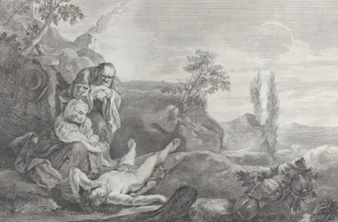 Adam og Eva til venstre, som et eldre ektepar, sørgende over liket av Abel som ligger i..., 1743-63.