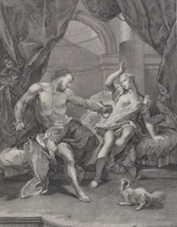 Samson og Delila satt på en seng, Samson river fra hverandre tauene som binder hånden hans..., ca. 1730-39.