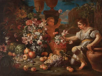 En gutt og en putto blant blomster og frukt