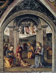 La nativite (Nativity) Fresco av Pietro Vannucci dit il Perugino (Perugin) (1448-1523) 1498 Dim 264x225 cm Perugia Collegio del Cambio