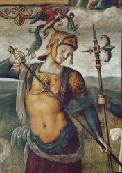 Leonidas I av Sparta (540-480 f.Kr.), kongen av Lacedemonierne. Detalj av fresken "" Styrke og måtehold med seks eldgamle helter "" av Pietro Vannucci dit il Perugino (The Perugin