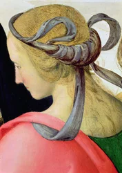Jomfruens ekteskap, detalj som viser en av Jomfruens følgesvenner, 1500-04 olje på lerret detalj av 53750