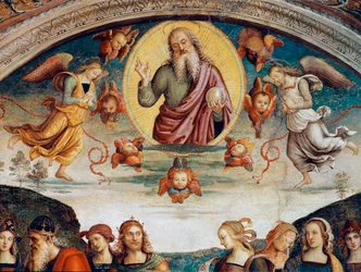 Herren omgir med profetier og sibyller Detalj som representerer Herren den allmektige. Fresco av Pietro Vannucci dit il Perugino (Perugin) (1448-1523) 1500 Dim. 229x370 cm Perugia, Collegio del Cambio