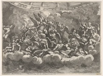 Samling av forskjellige olympiske guder og mytologiske skikkelser blant skyer, Apollo at ce..., ca. 1680.