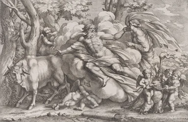 Io til venstre som en ku, Jupiter på en sky i midten og Juno til høyre med pu..., 1650-90.