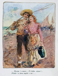 Tilbake fra fiske, illustrasjon av Pietro Scoppetta (1863-1920), Italia, 1900-tallet