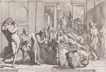Platons symposium: Sokrates og hans følgesvenner satt rundt et bord og diskuterte ideell kjærlighet..., 1648.