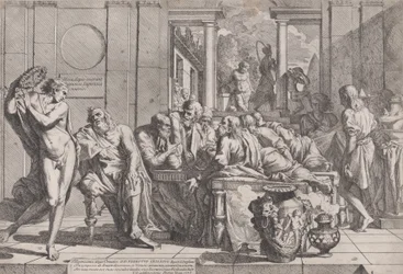 Platons symposium: Sokrates og hans følgesvenner satt rundt et bord og diskuterte ideell kjærlighet..., 1648.