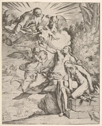 Isaks offer: en engel presser seg mot den dolkbærende armen til Abraham, som ..., ca.1645-50.