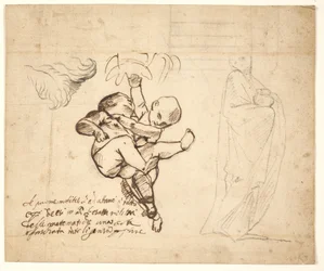 Studie for to lekende putti, løv og en drapert figur med urne