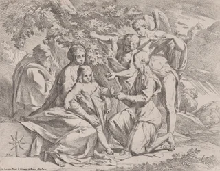 Den hellige familie matet av engler, ca. 1642-44.