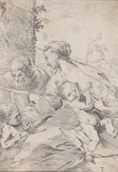 Den hellige familie med spedbarnet Saint John som holder et eple, ca. 1630.