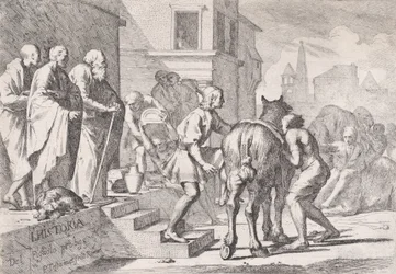 Avgangen til den fortapte sønnen, vist i ferd med å sette seg opp på en hest, fra en serie på fire..., ca. 1645.