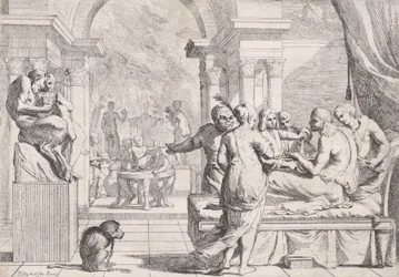 Den fortapte sønnen satt på en sofa og fikk servert vin, festglade i bakgrunnen, en mo..., ca. 1645.