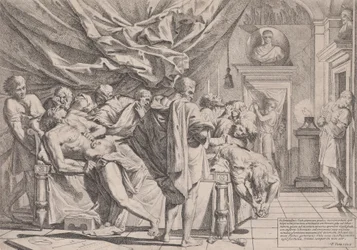 Filosofen Catos selvmord, der han ligger på sengen og trekker ut innvollene sine, observert av b..., 1648