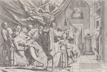 Filosofen Catos selvmord, der han ligger på sengen og trekker ut innvollene sine, observert av b..., 1648