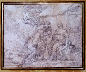 Hagars tilbakekomst, Saras egyptiske slave, Abrahams hustru. 17. århundre. Mål 0,27 x 0,33 m. Louvre-museet