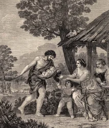 Romulus and Remus. Engraving after the painting by Pietro da Cortone. Engraving from 1860.