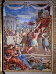 Allegori over de fire tidsaldrene, bronsealderfreske av Pietro da Cortona (1596-1669), 1637, Salle du Poêle (Stanza della Stufa), Palatinergalleriet, Palazzo Pitti, Firenze